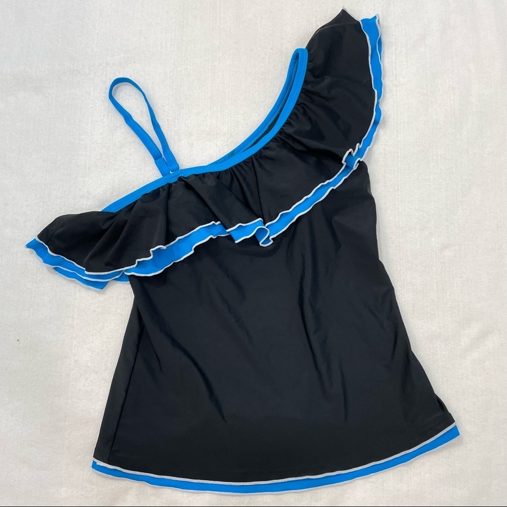 Ladies One shoulder ruffle bodice black with blue stripe bathing suit top medium